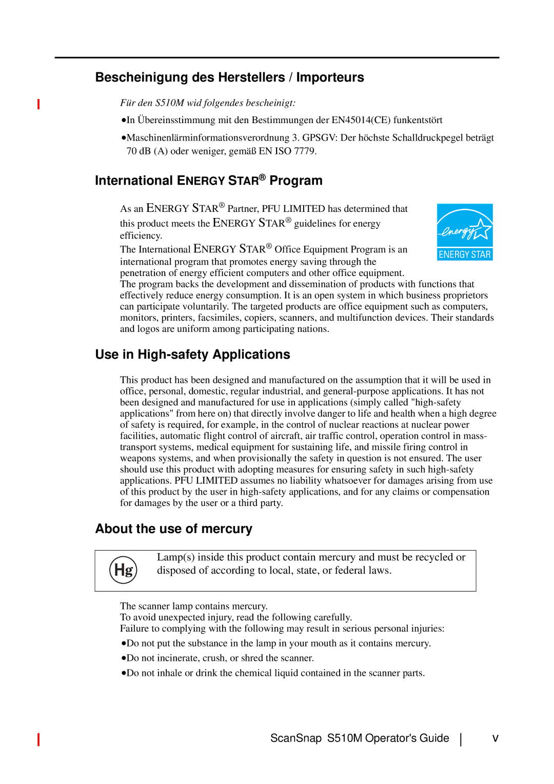 Fujitsu S510M Bescheinigung des Herstellers / Importeurs, International Energy Star Program, About the use of mercury 