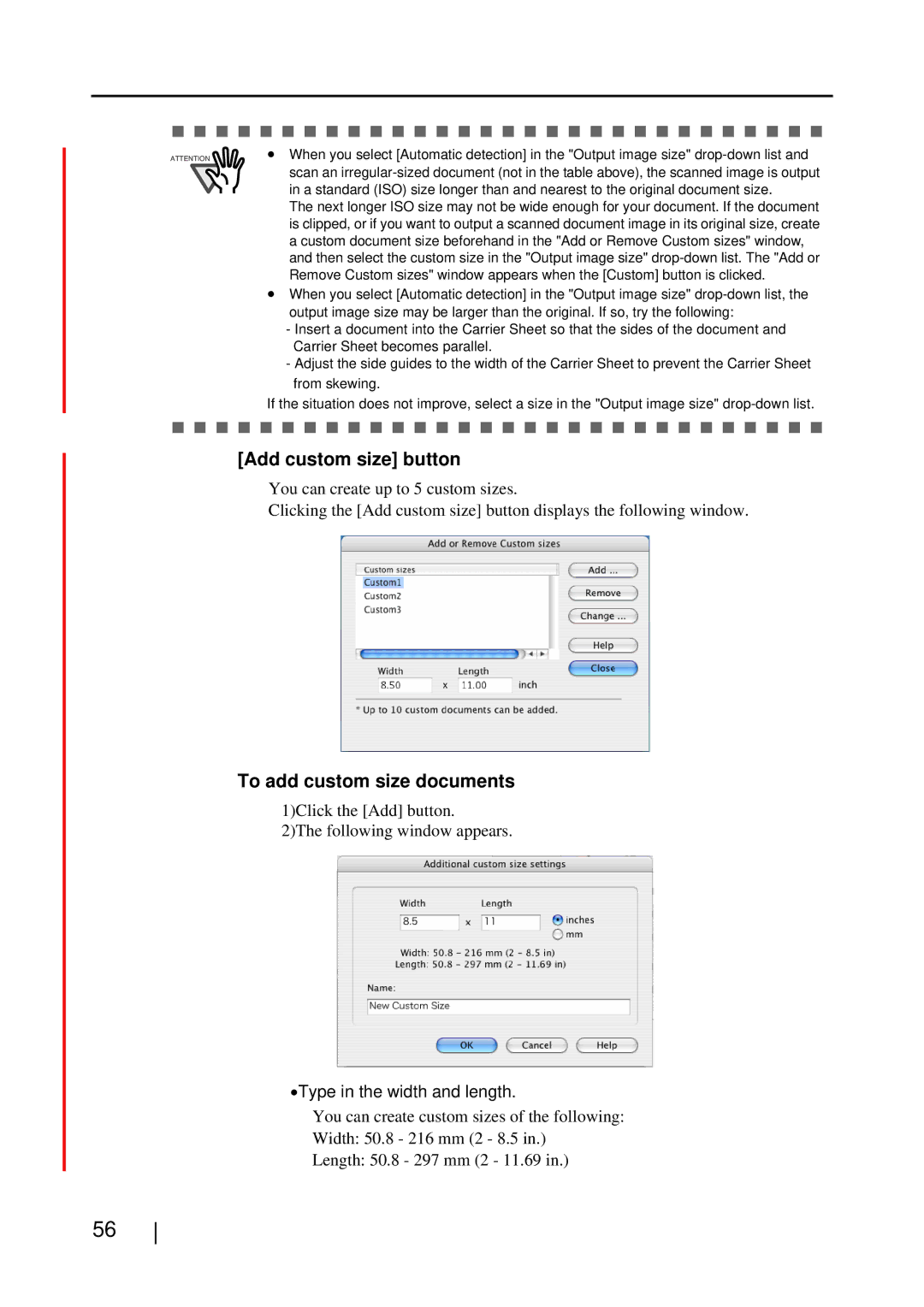 Fujitsu S510M manual Add custom size button, Type in the width and length 