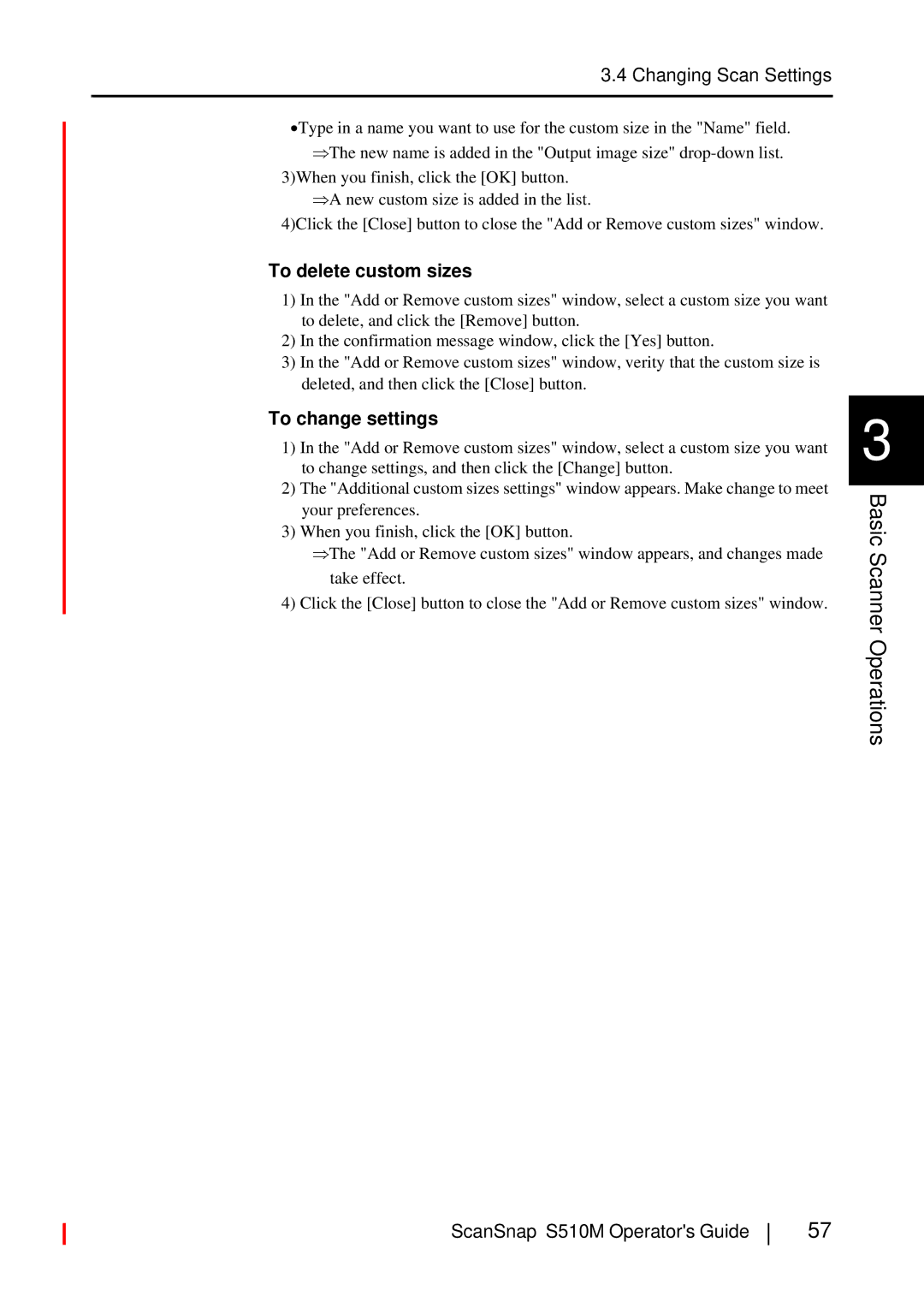 Fujitsu S510M manual To delete custom sizes 