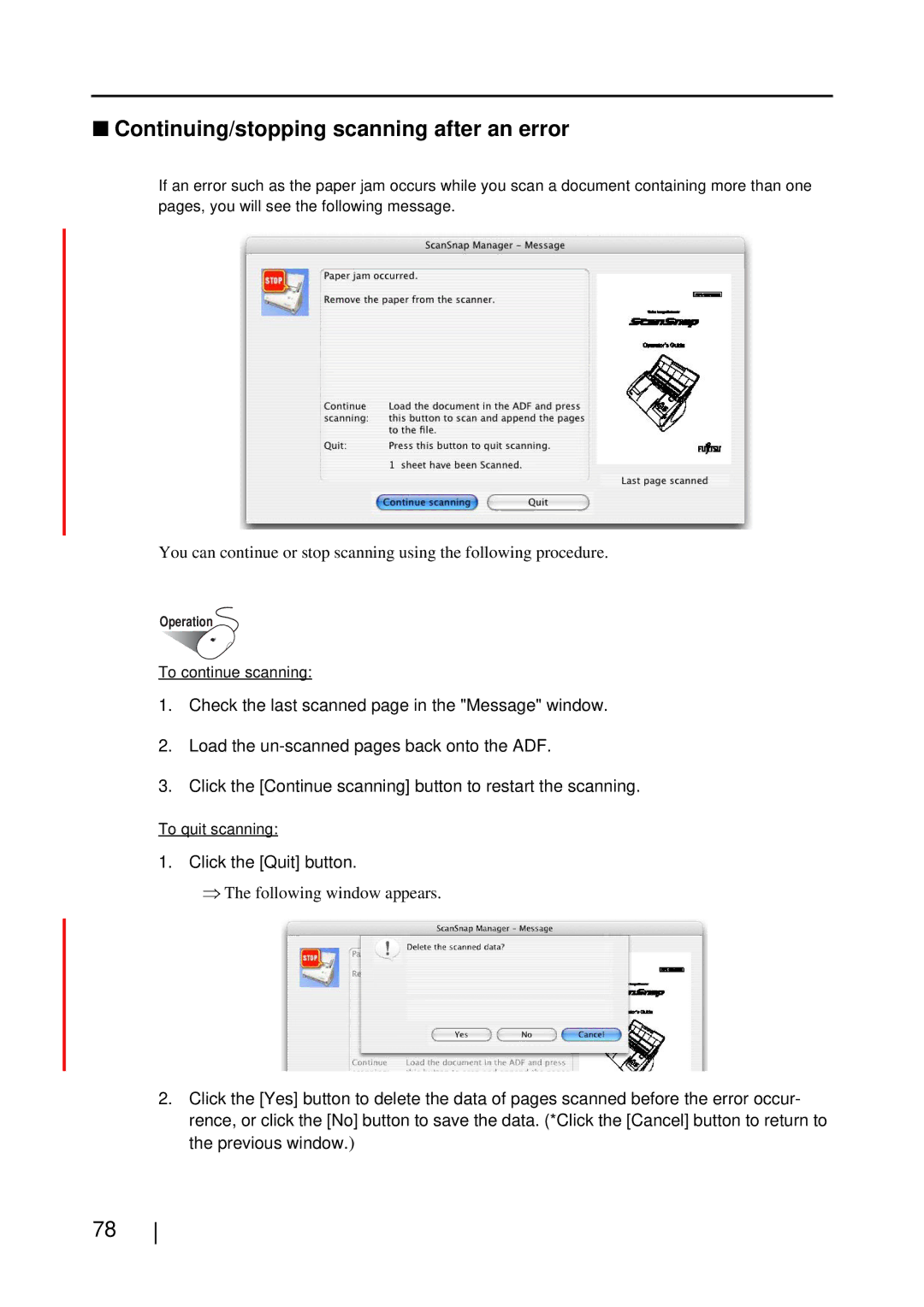 Fujitsu S510M manual Continuing/stopping scanning after an error, Click the Quit button 
