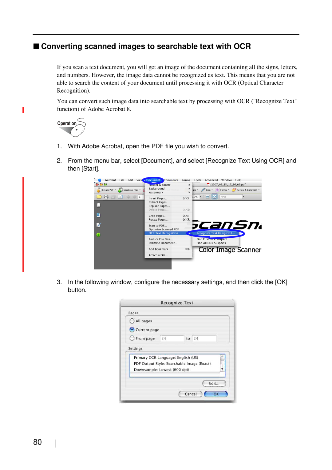 Fujitsu S510M manual Converting scanned images to searchable text with OCR 