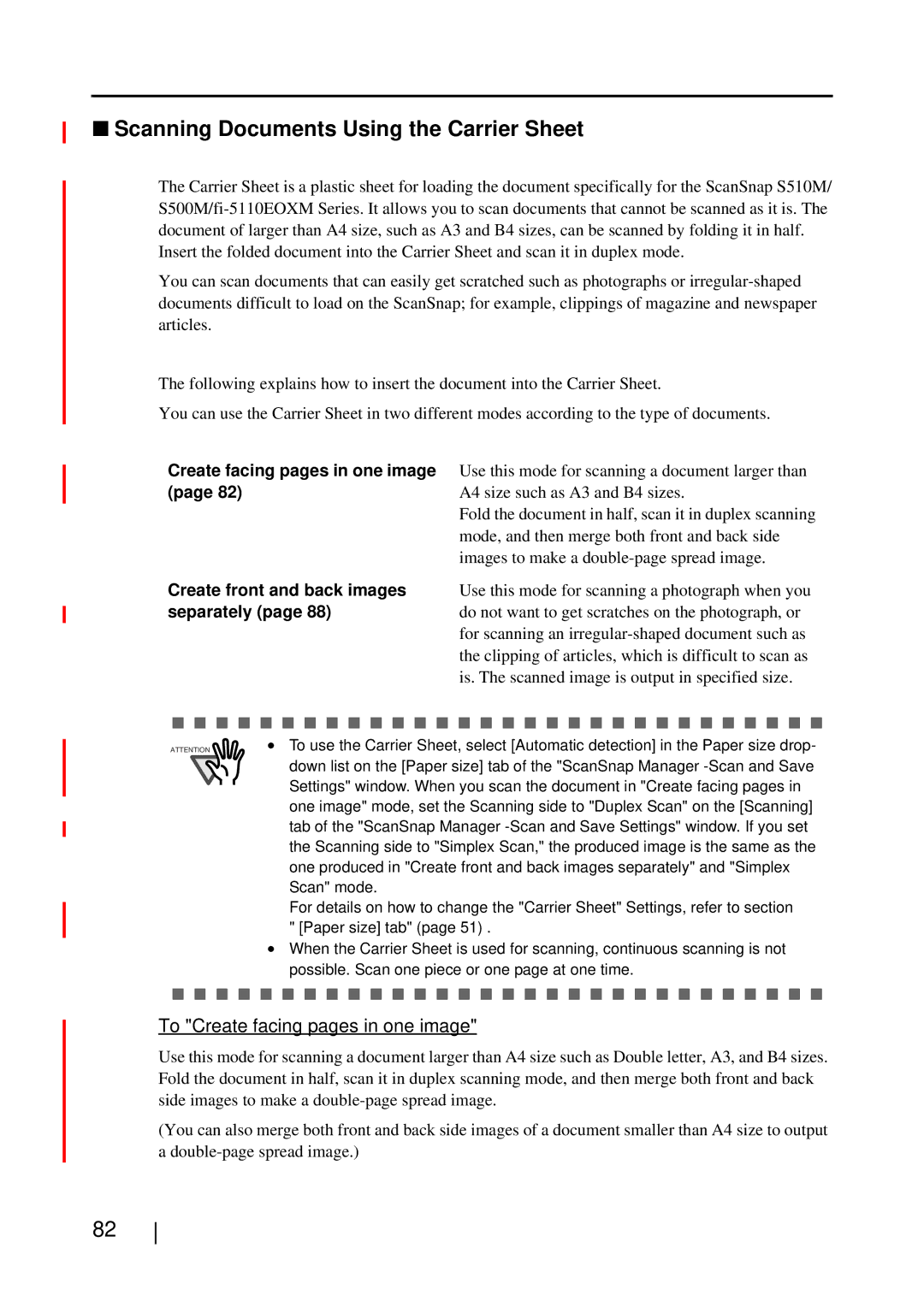 Fujitsu S510M manual Scanning Documents Using the Carrier Sheet, To Create facing pages in one image 