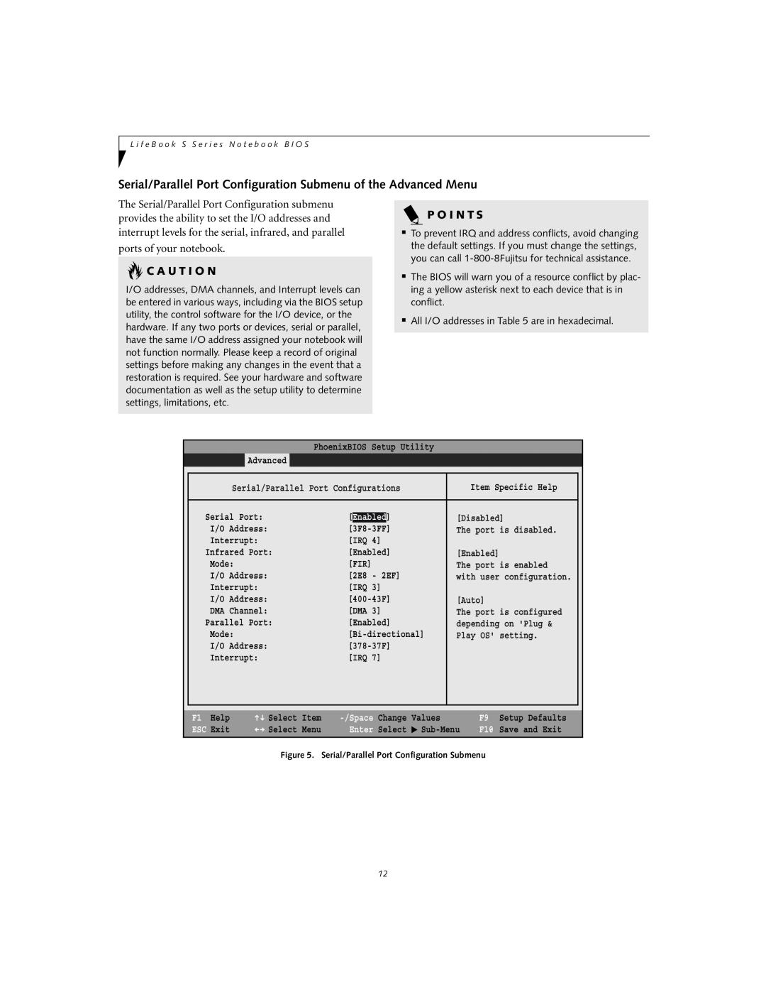 Fujitsu S6110 Serial/Parallel Port Configuration Submenu of the Advanced Menu, ports of your notebook, Enabled, ESC Exit 