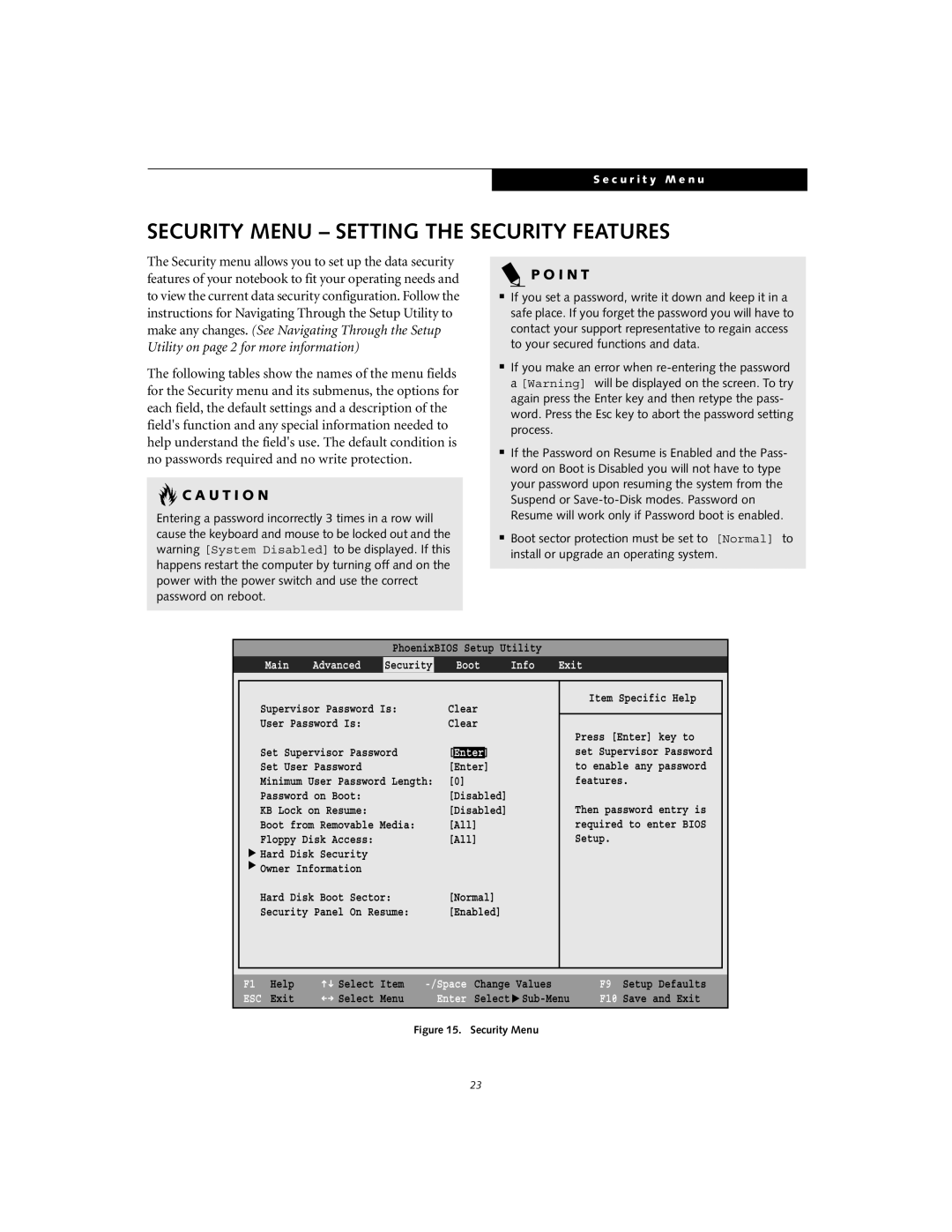 Fujitsu S6110 Security Menu - Setting The Security Features, Advanced, C A U T I O N, P O I N T, Main, Boot, Info, Exit 