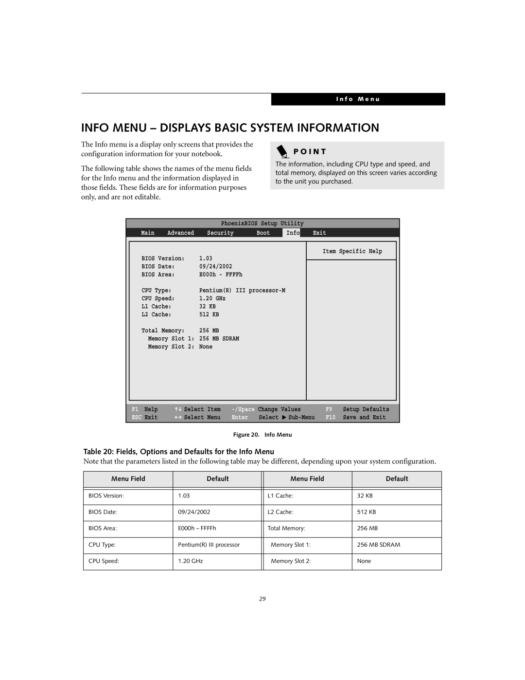 Fujitsu S6110 Info Menu - Displays Basic System Information, Fields, Options and Defaults for the Info Menu, P O I N T 