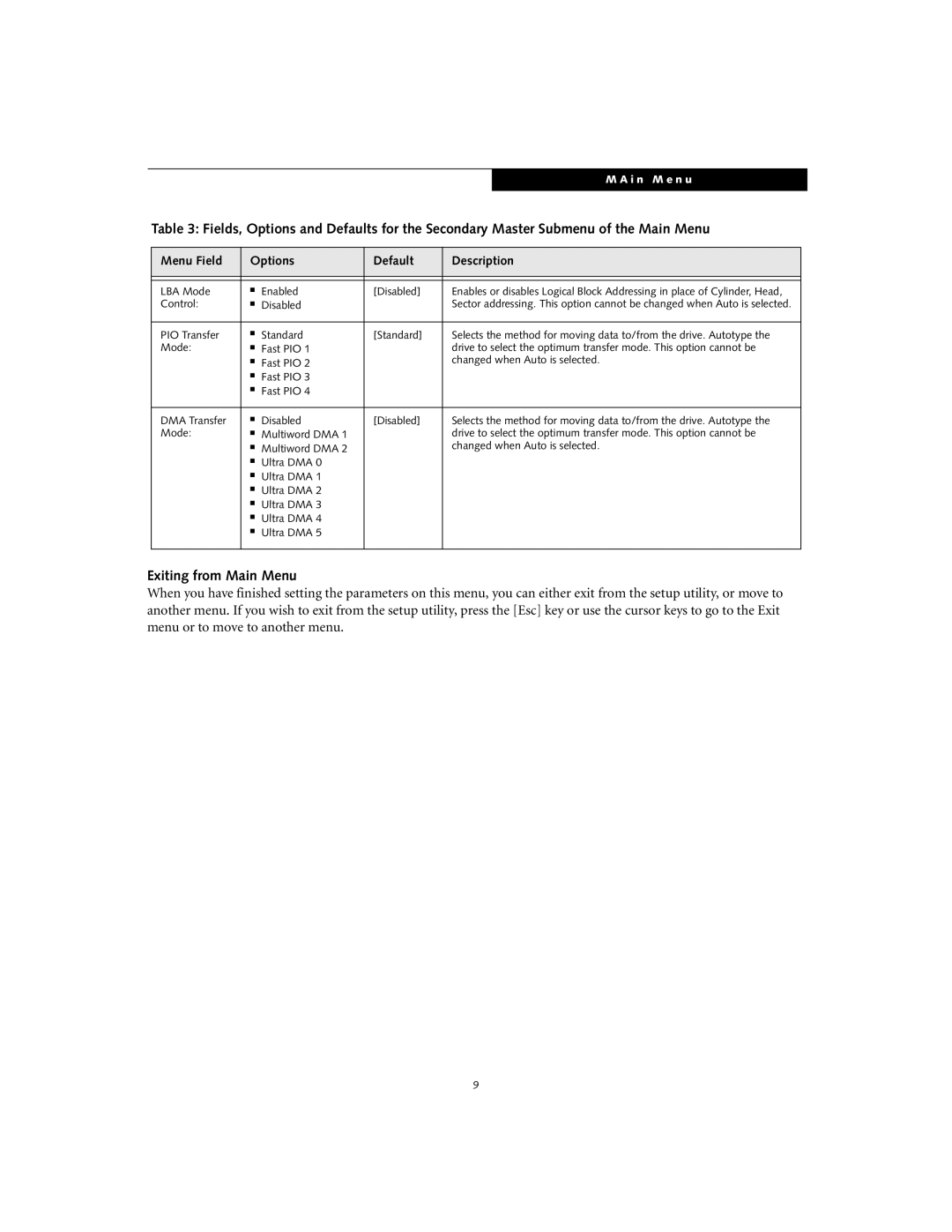 Fujitsu S6110 manual Exiting from Main Menu, Menu Field, Options, Default, Description, M A i n M e n u 