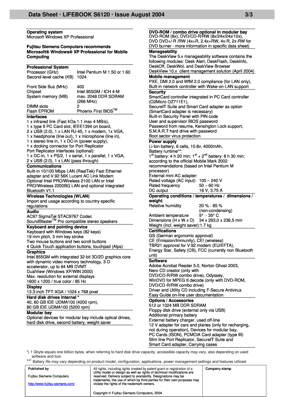 Fujitsu warranty Data Sheet ‚ LIFEBOOK S6120 ‚ Issue August, Microsoft Windows XP Professional 