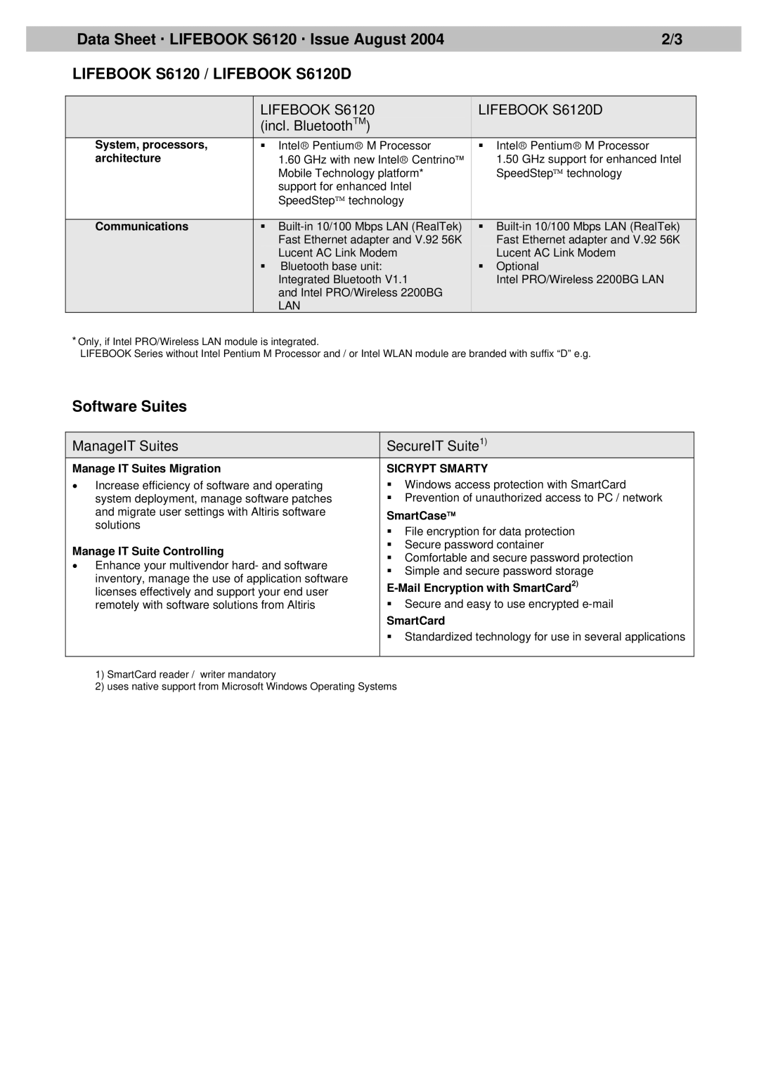 Fujitsu S6120 warranty System, processors, Architecture, Communications, Manage IT Suites Migration, SmartCase, SmartCard 