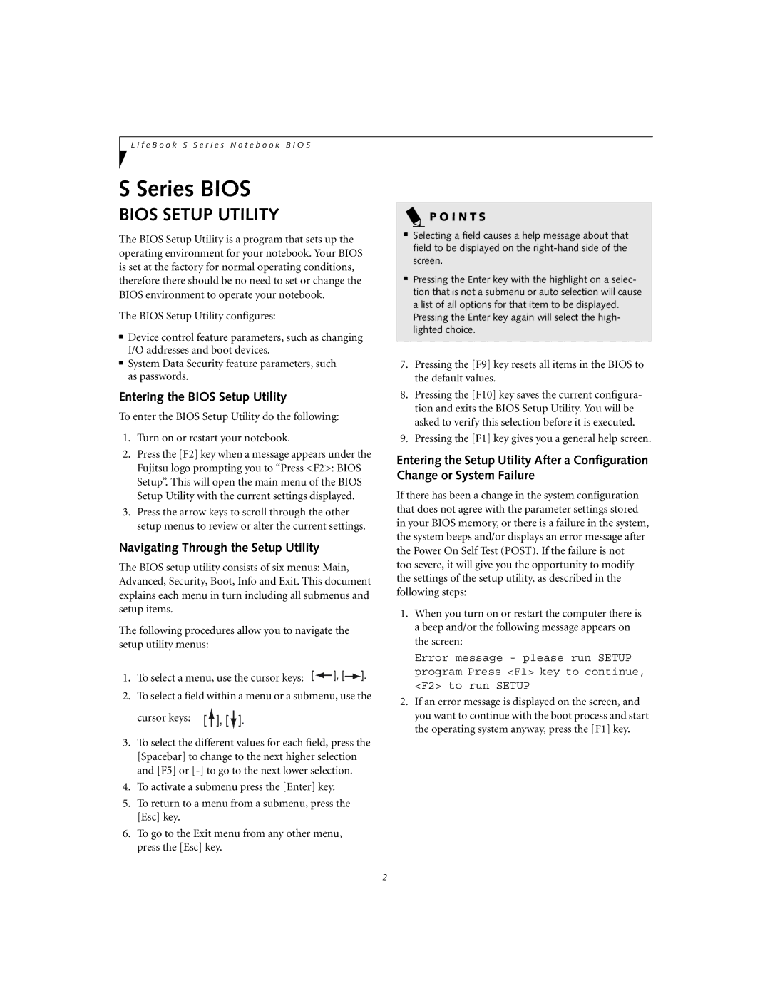 Fujitsu S6120D manual Entering the Bios Setup Utility, Navigating Through the Setup Utility 