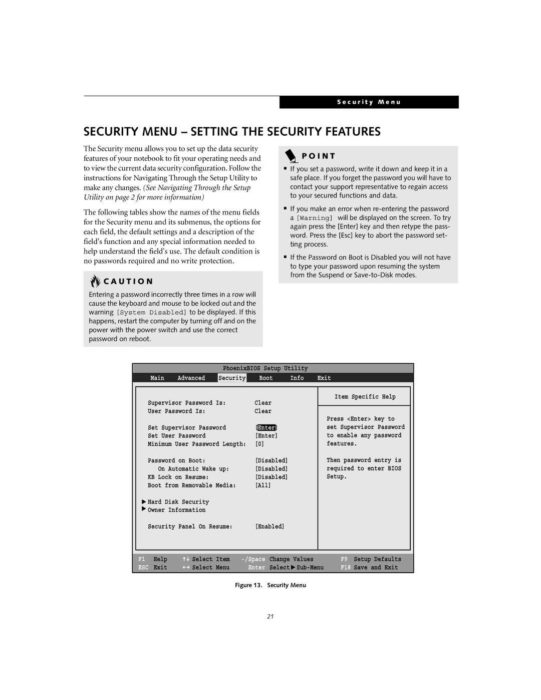 Fujitsu S6120D manual Security Menu Setting the Security Features, Boot Info Exit 