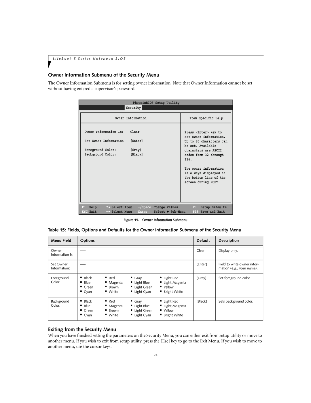 Fujitsu S6120D manual Owner Information Submenu of the Security Menu, Exiting from the Security Menu 