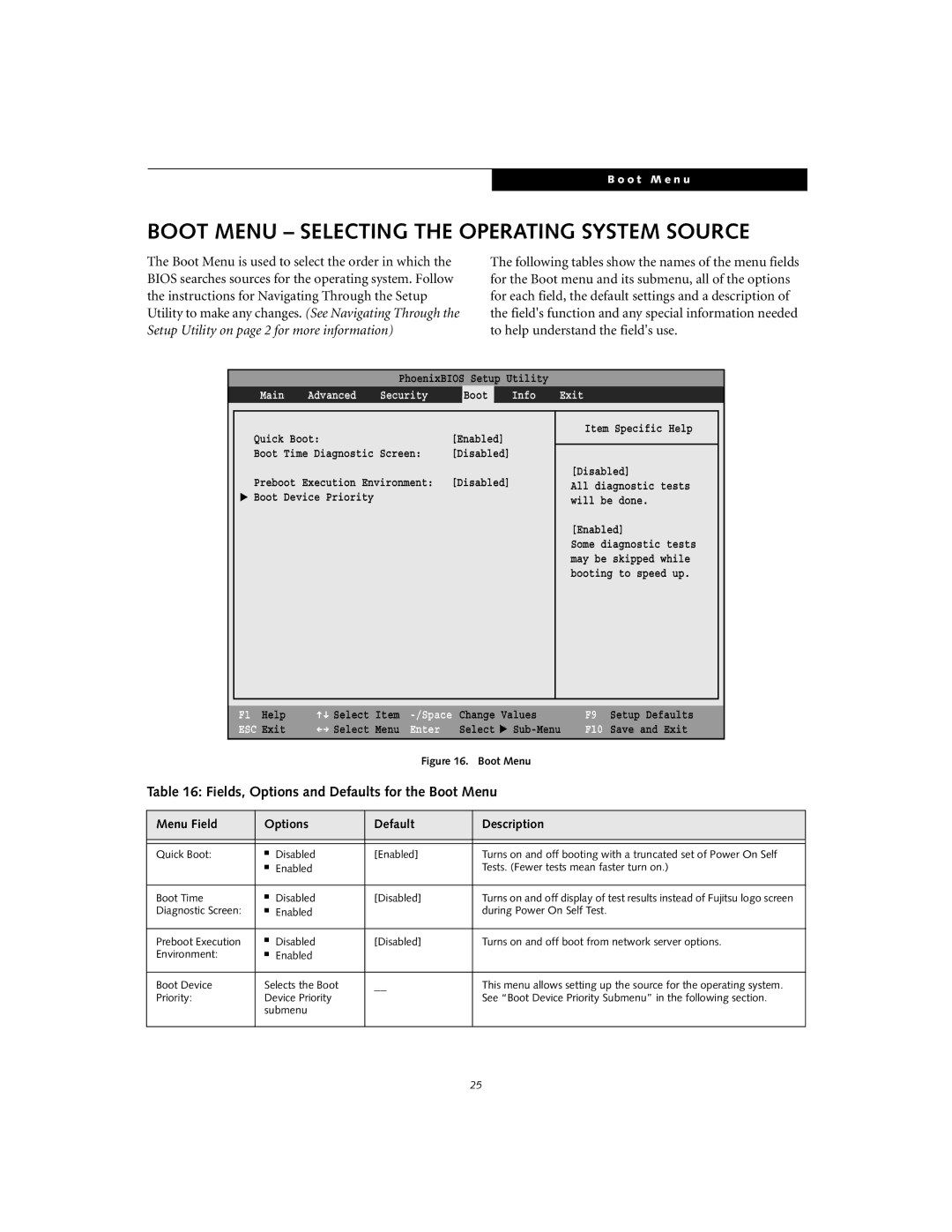 Fujitsu S6120D manual Boot Menu Selecting the Operating System Source, Fields, Options and Defaults for the Boot Menu 