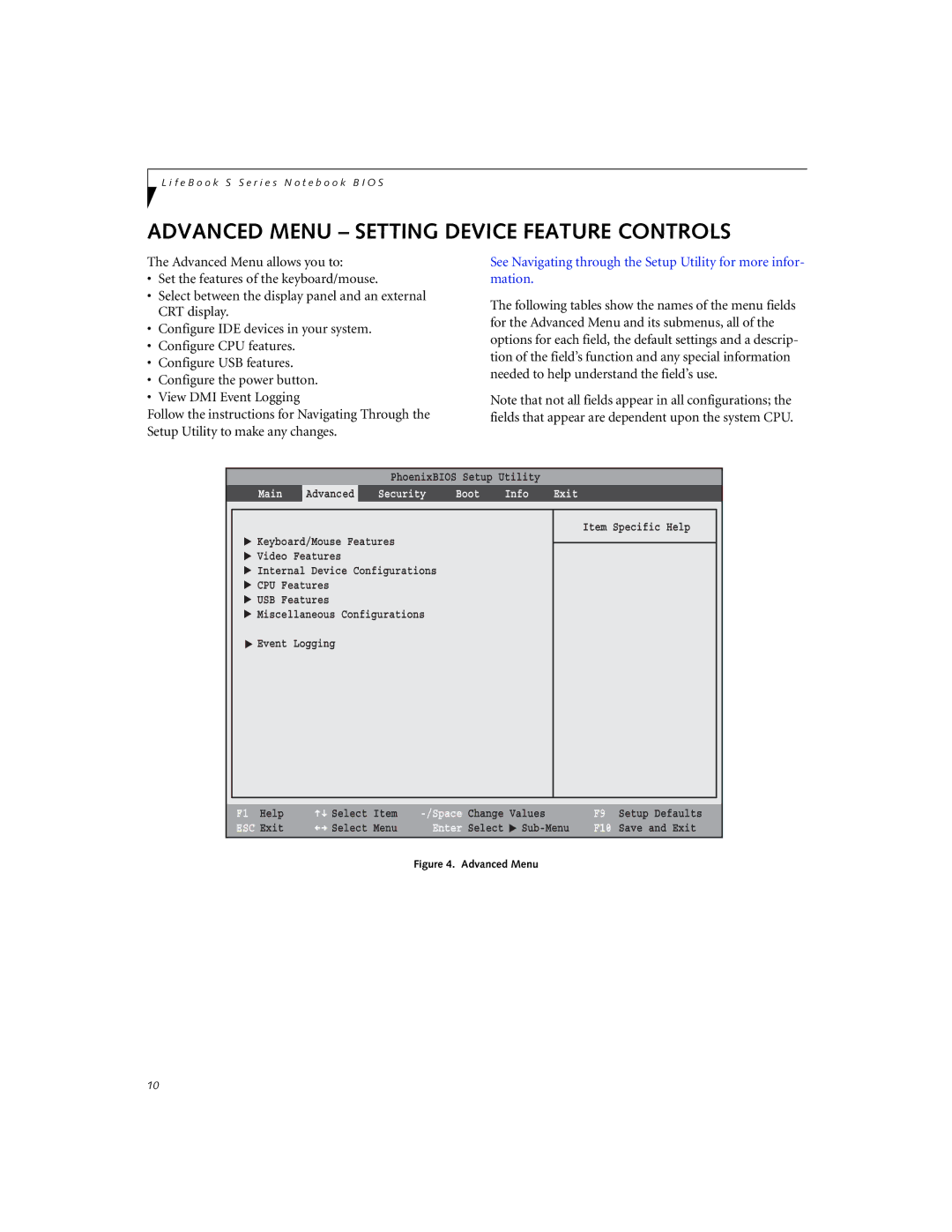 Fujitsu S6220 manual Advanced Menu Setting Device Feature Controls, Main Advanced Security Boot Info Exit 