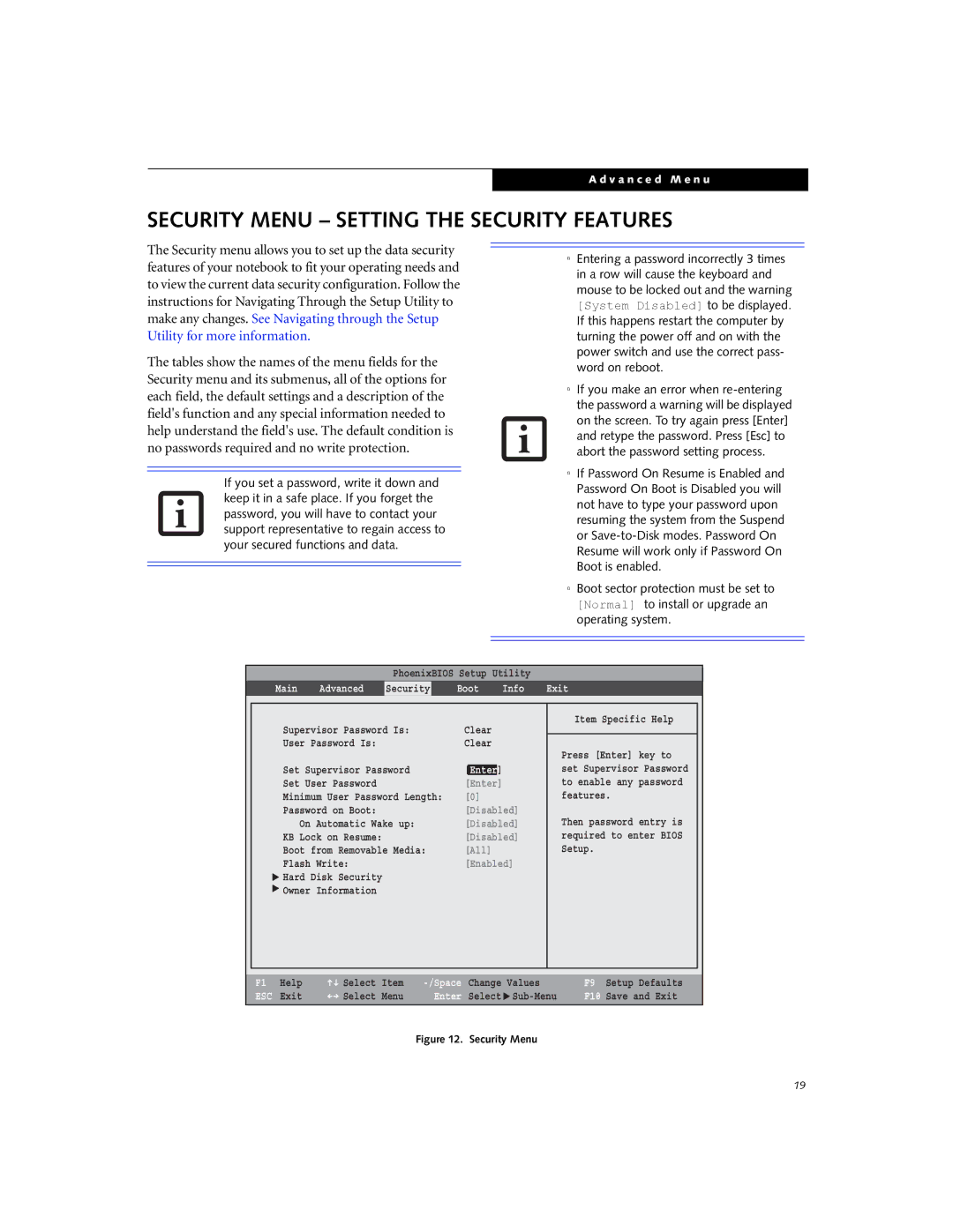 Fujitsu S6220 manual Security Menu Setting the Security Features, Boot Info Exit 