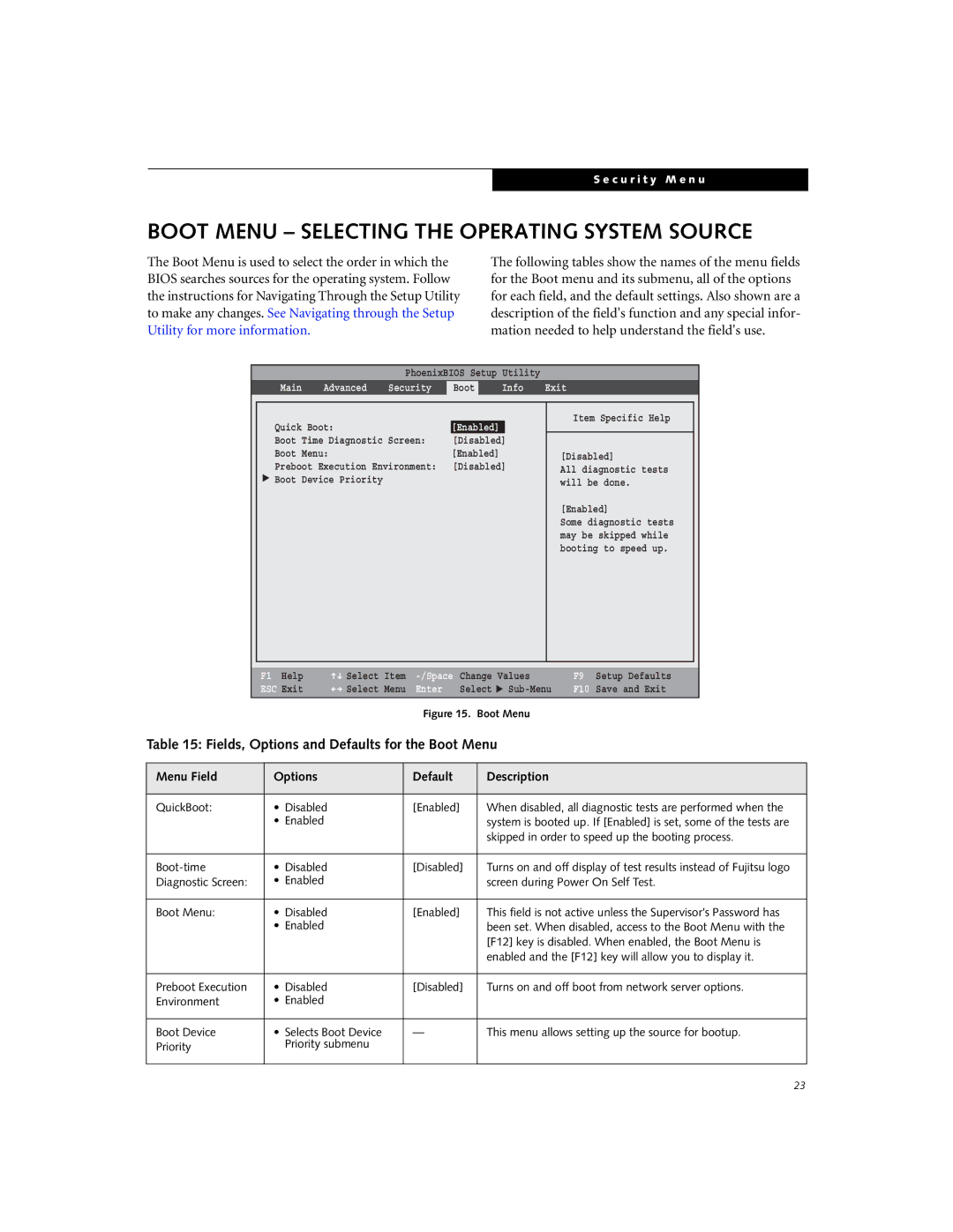 Fujitsu S6220 manual Boot Menu Selecting the Operating System Source, Fields, Options and Defaults for the Boot Menu 