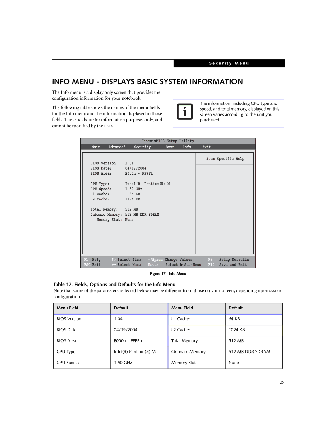 Fujitsu S6220 manual Info Menu Displays Basic System Information, Fields, Options and Defaults for the Info Menu 