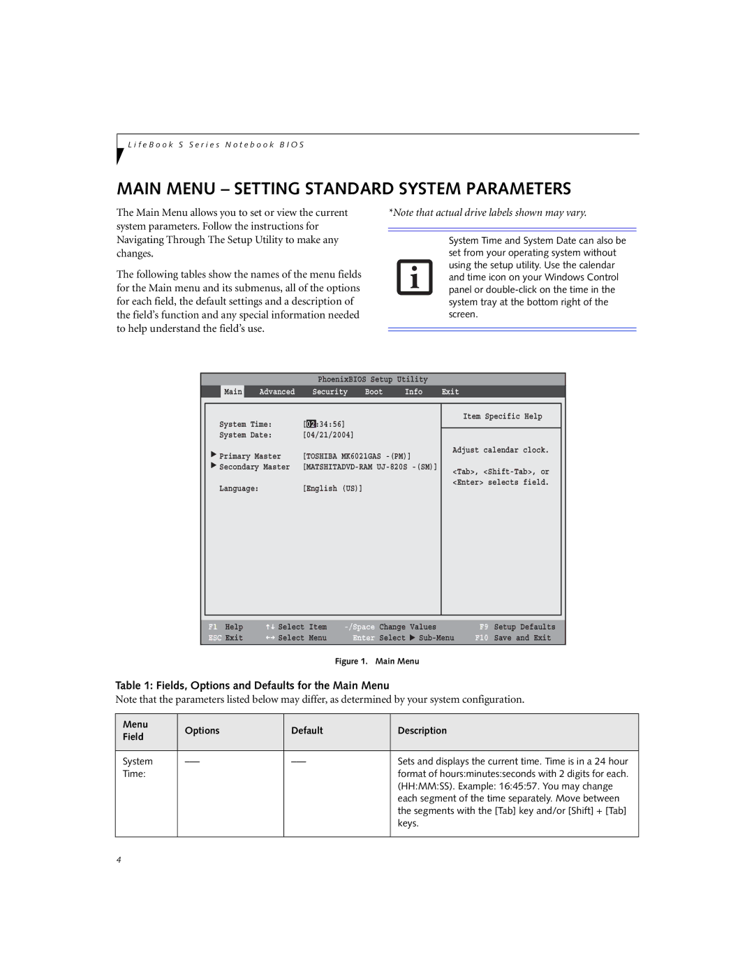 Fujitsu S6220 manual Main Menu Setting Standard System Parameters, Fields, Options and Defaults for the Main Menu 