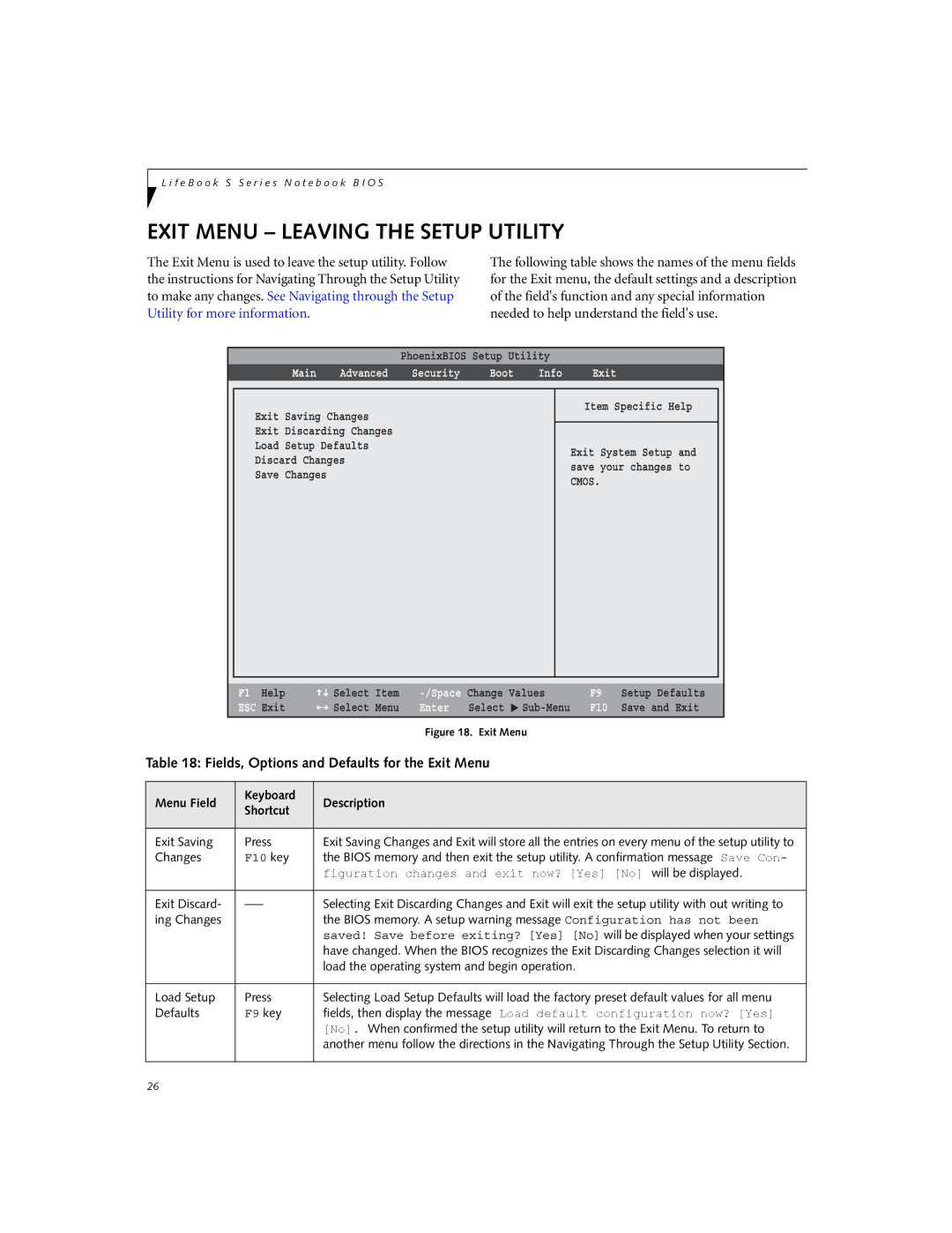 Fujitsu S6231 manual Exit Menu Leaving the Setup Utility, Fields, Options and Defaults for the Exit Menu 