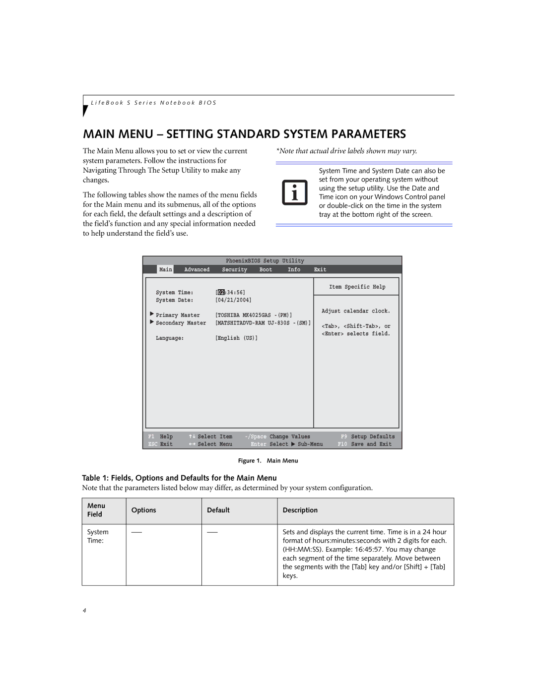 Fujitsu S6231 manual Main Menu Setting Standard System Parameters, Fields, Options and Defaults for the Main Menu 