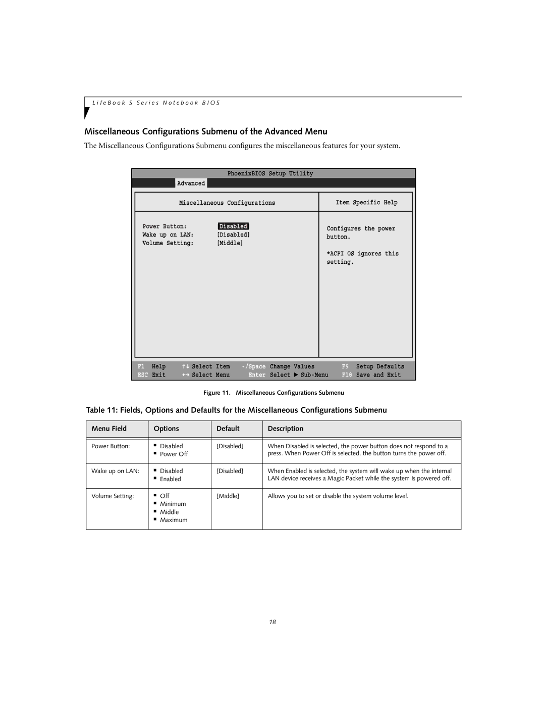 Fujitsu S6240 manual Miscellaneous Configurations Submenu of the Advanced Menu 