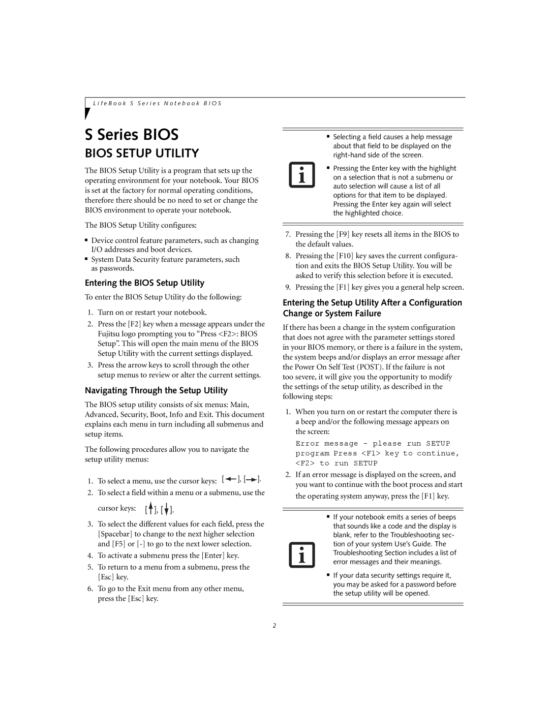 Fujitsu S6240 manual Entering the Bios Setup Utility, Navigating Through the Setup Utility 