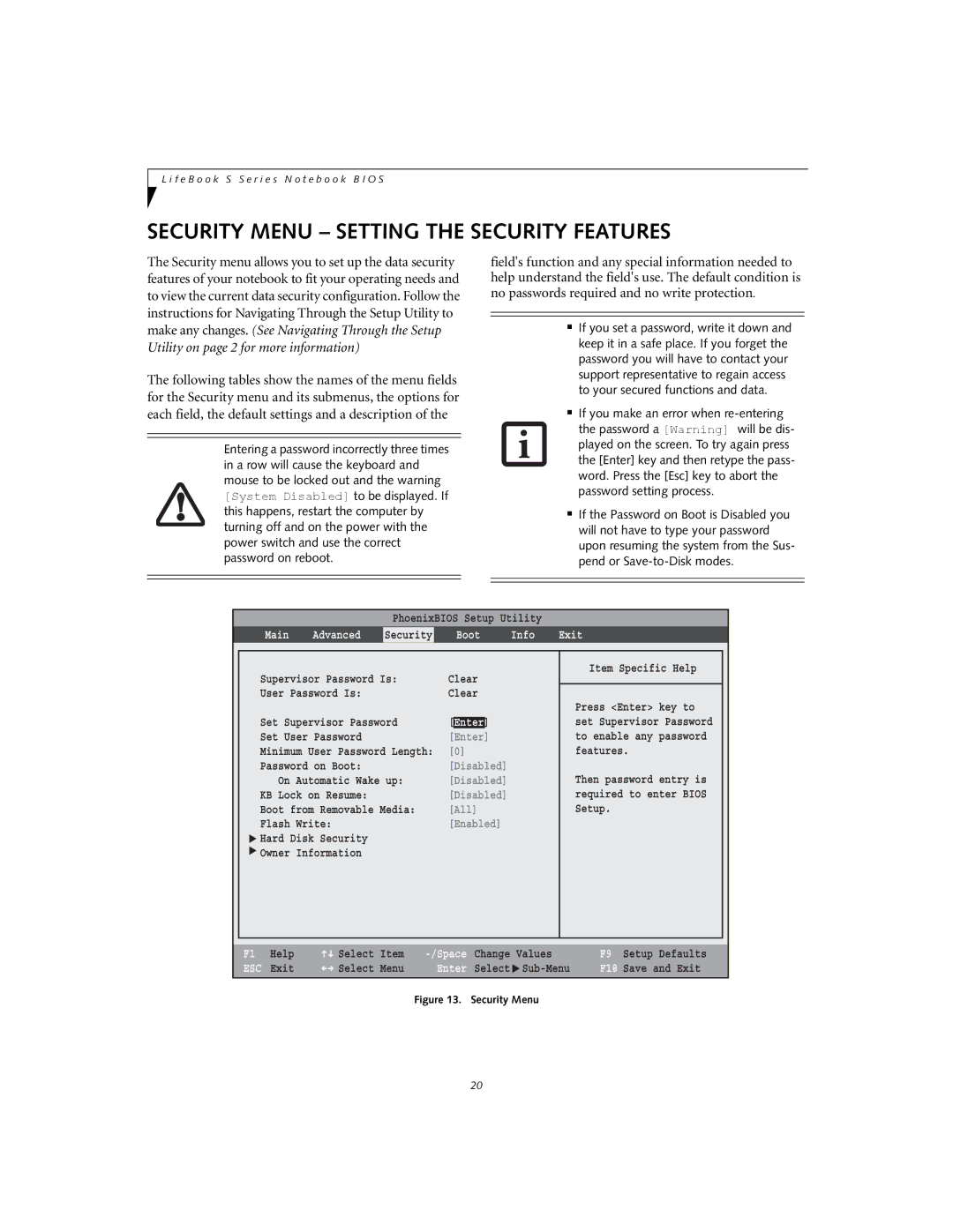 Fujitsu S6240 manual Security Menu Setting the Security Features, Boot Info Exit 