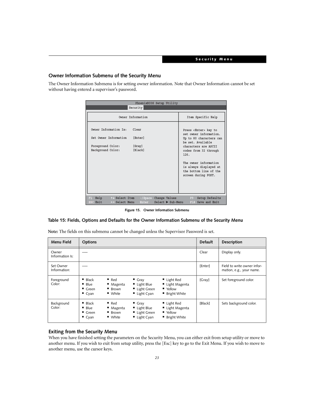 Fujitsu S6240 manual Owner Information Submenu of the Security Menu, Exiting from the Security Menu 