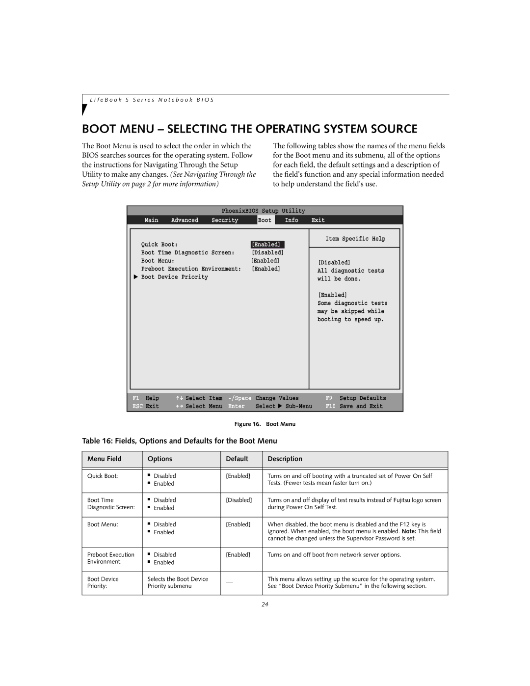 Fujitsu S6240 manual Boot Menu Selecting the Operating System Source, Fields, Options and Defaults for the Boot Menu 