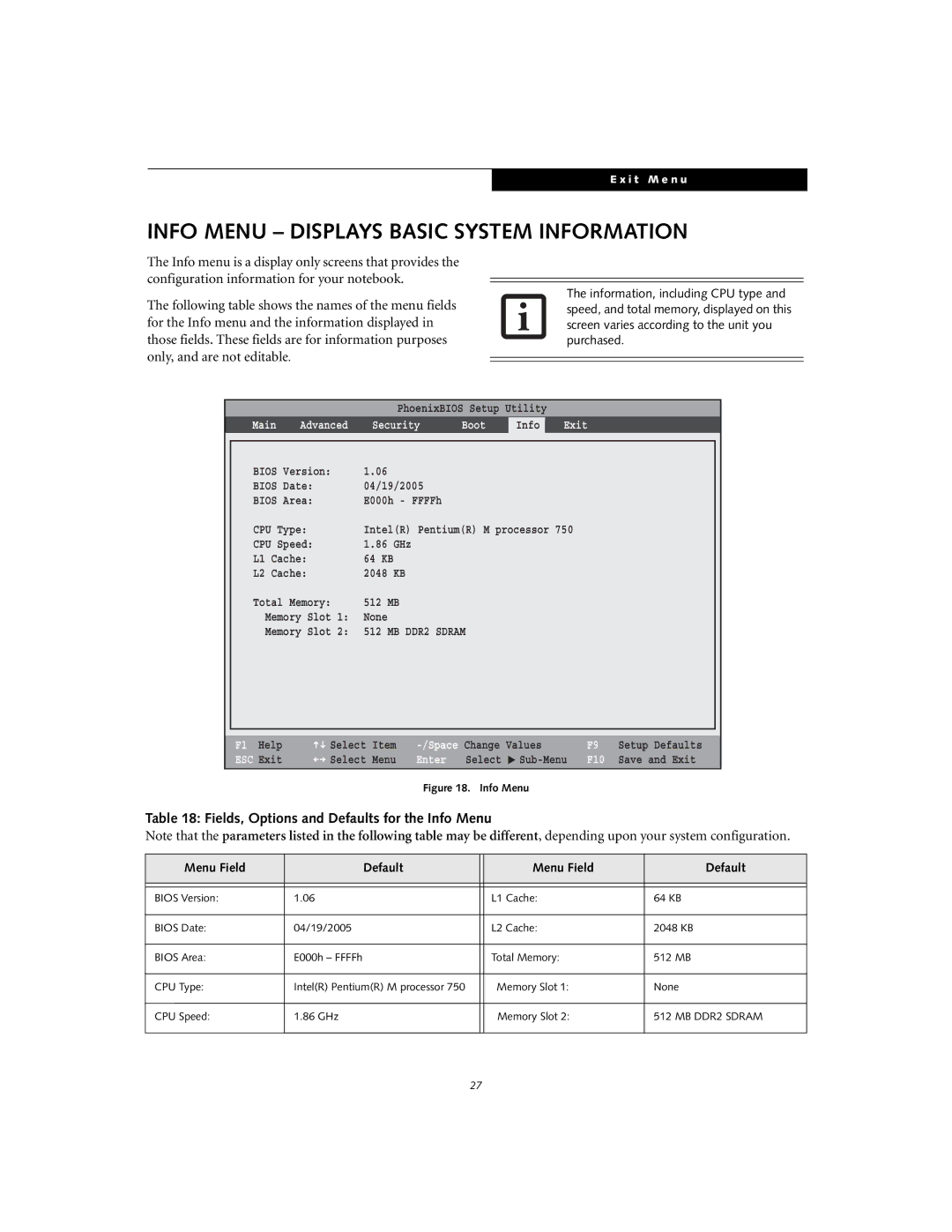 Fujitsu S6240 manual Info Menu Displays Basic System Information, Fields, Options and Defaults for the Info Menu 