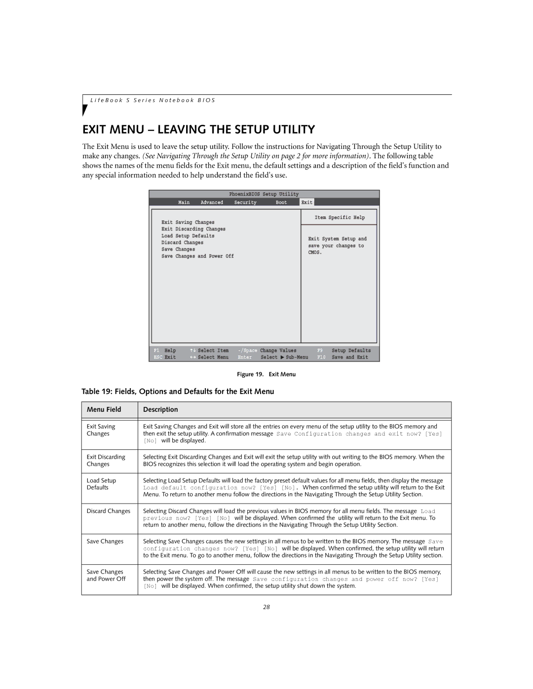 Fujitsu S6240 manual Exit Menu Leaving the Setup Utility, Fields, Options and Defaults for the Exit Menu 