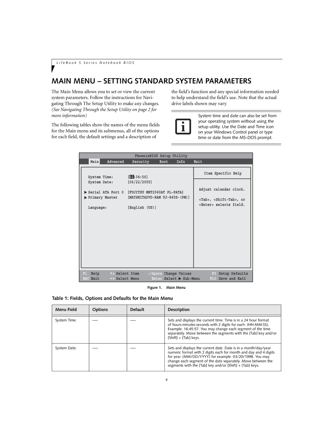 Fujitsu S6240 manual Main Menu Setting Standard System Parameters, Fields, Options and Defaults for the Main Menu 