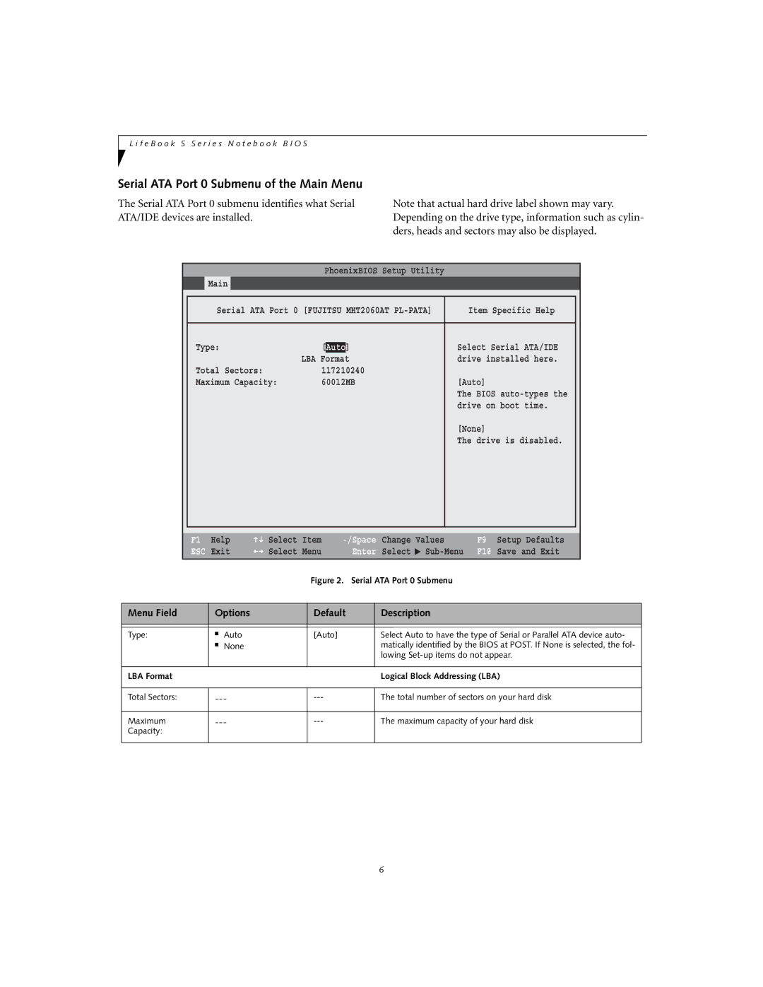 Fujitsu S6240 manual Serial ATA Port 0 Submenu of the Main Menu, Auto 