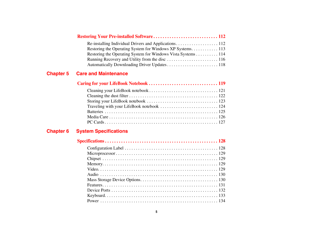 Fujitsu S6510 manual Care and Maintenance, System Specifications 