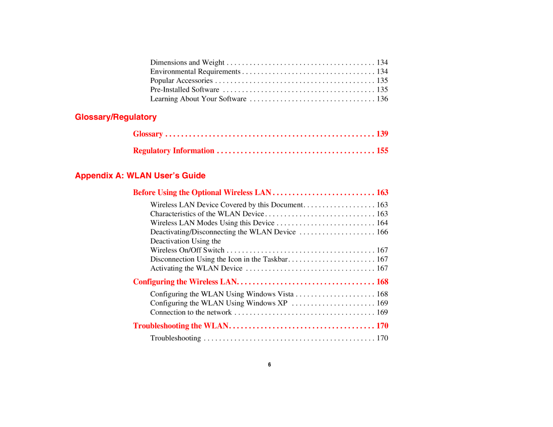 Fujitsu S6510 manual Glossary/Regulatory, Appendix a Wlan User’s Guide 