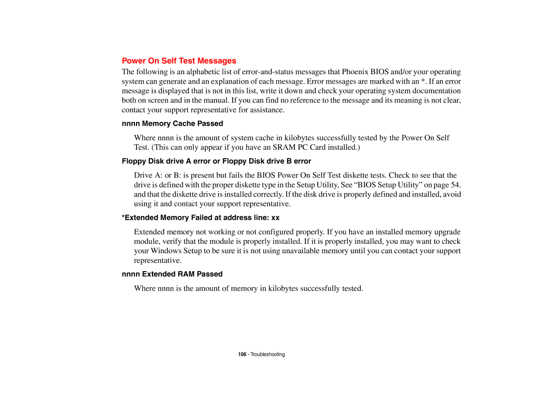 Fujitsu S6510 manual Power On Self Test Messages, Nnnn Memory Cache Passed, Extended Memory Failed at address line 