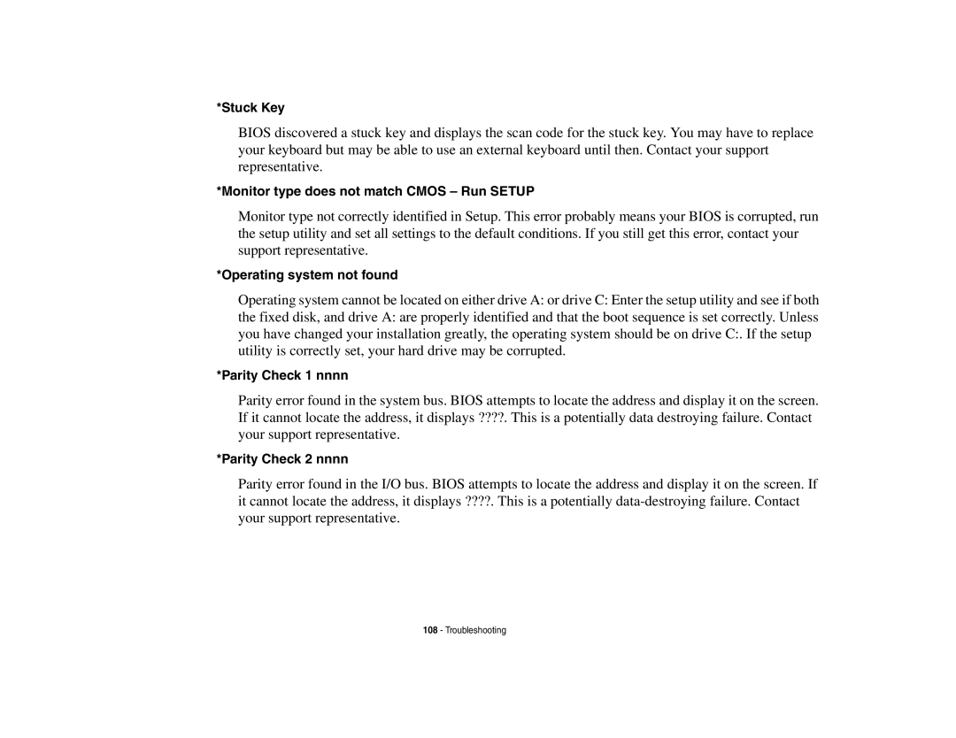 Fujitsu S6510 manual Stuck Key, Monitor type does not match Cmos Run Setup, Operating system not found, Parity Check 1 nnnn 