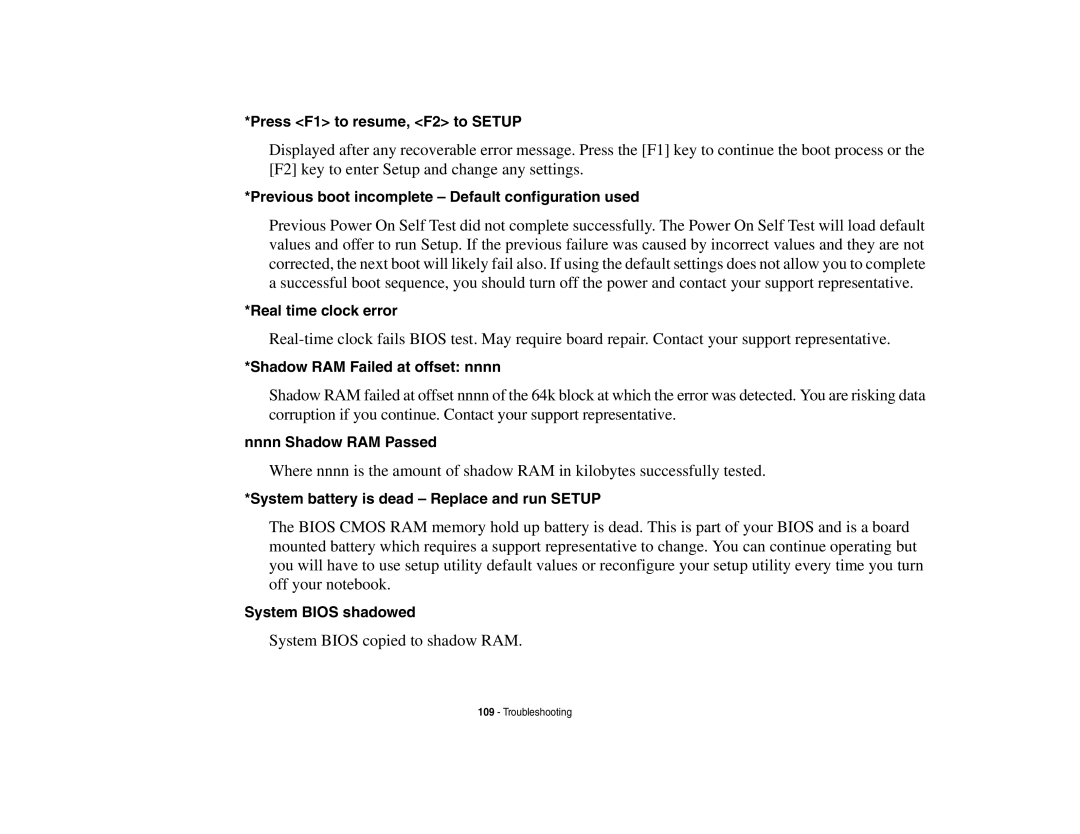 Fujitsu S6510 Press F1 to resume, F2 to Setup, Previous boot incomplete Default configuration used, Real time clock error 