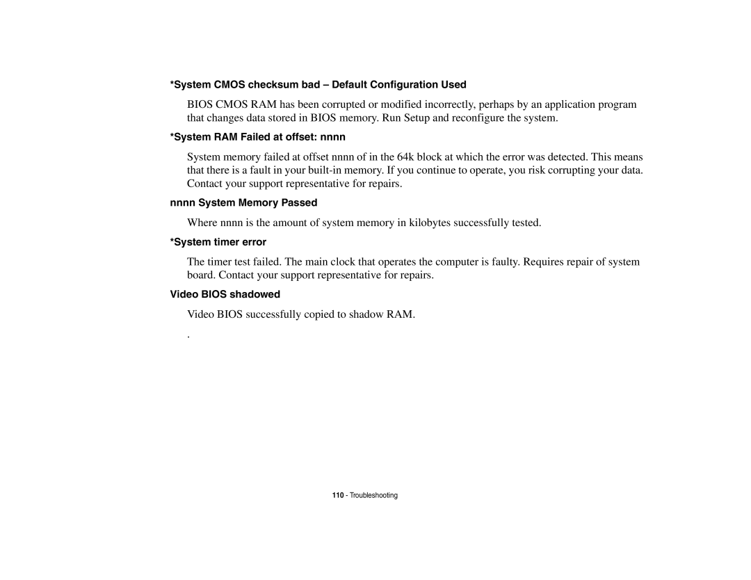 Fujitsu S6510 System Cmos checksum bad Default Configuration Used, System RAM Failed at offset nnnn, System timer error 