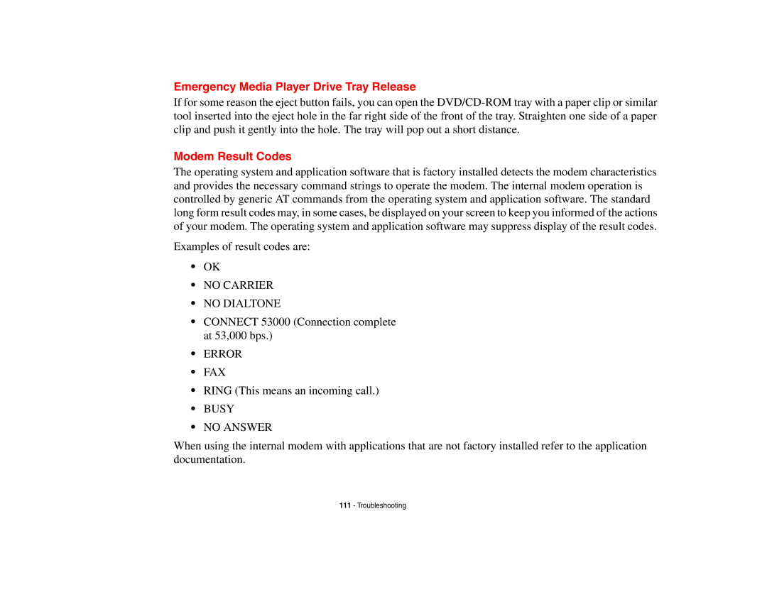 Fujitsu S6510 manual Emergency Media Player Drive Tray Release, Modem Result Codes 