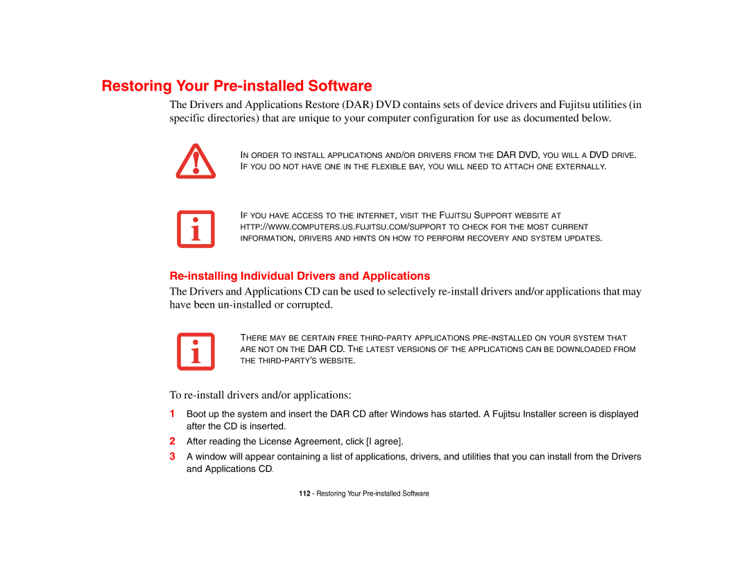 Fujitsu S6510 manual Restoring Your Pre-installed Software, Re-installing Individual Drivers and Applications 