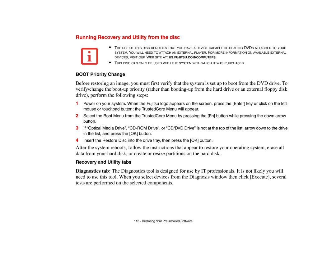 Fujitsu S6510 manual Running Recovery and Utility from the disc, Recovery and Utility tabs 