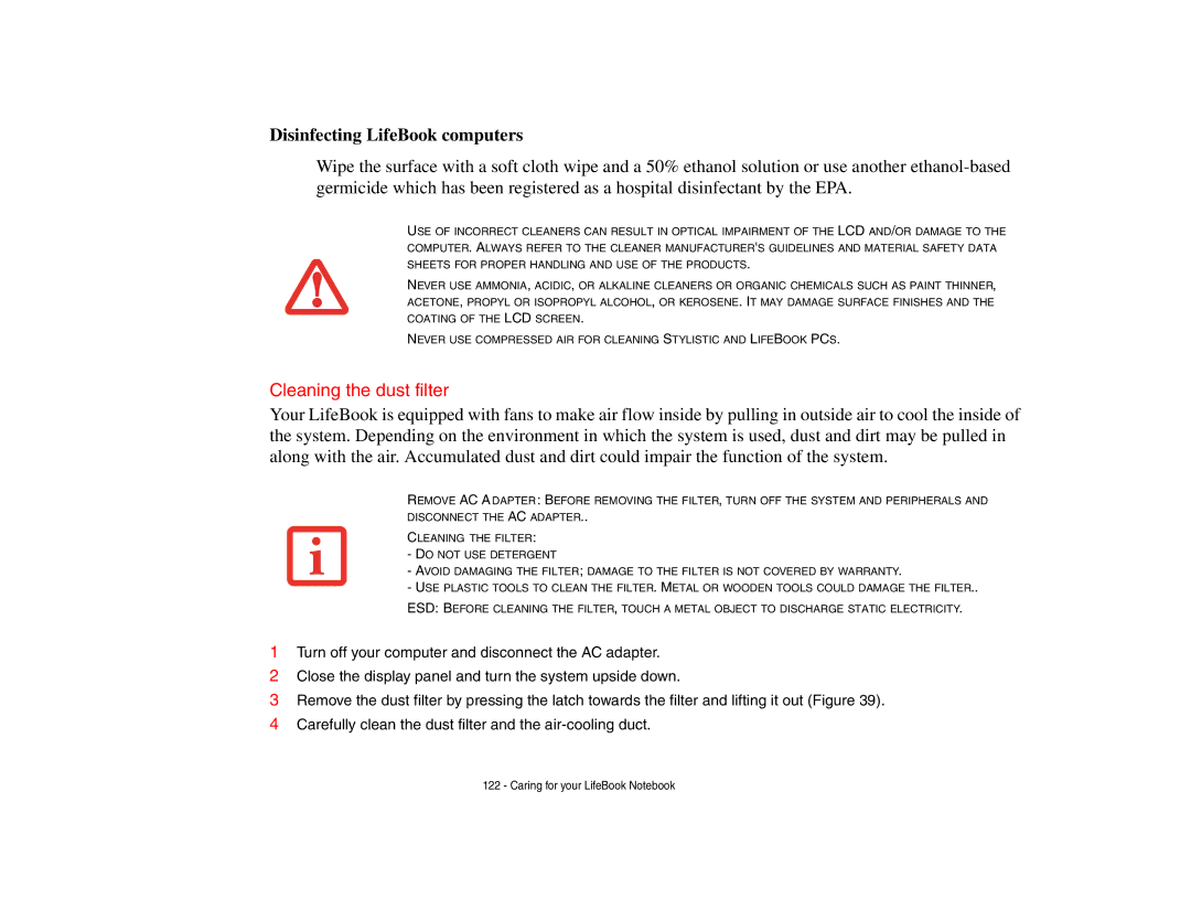 Fujitsu S6510 manual Disinfecting LifeBook computers, Cleaning the dust filter 