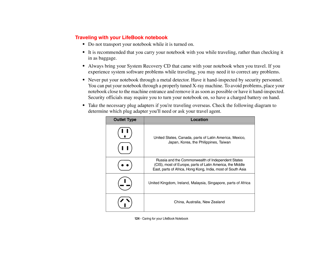 Fujitsu S6510 manual Traveling with your LifeBook notebook, Outlet Type Location 