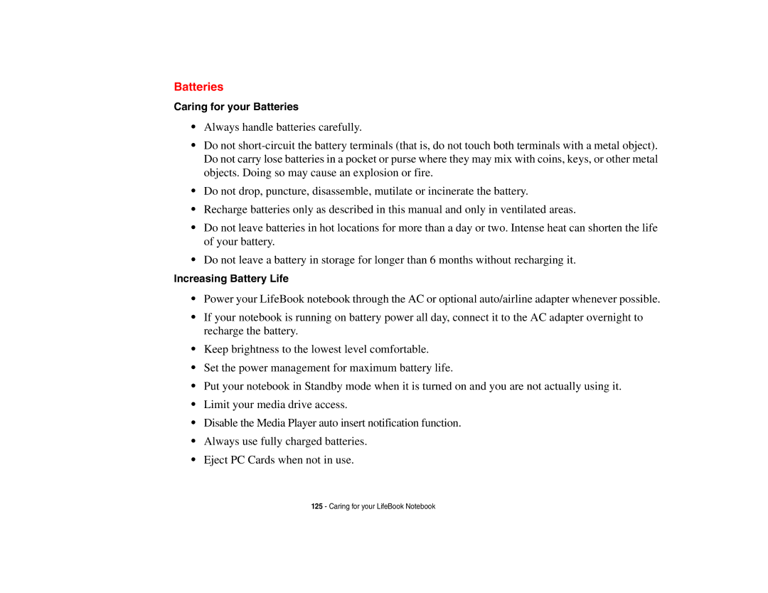 Fujitsu S6510 manual Caring for your Batteries, Increasing Battery Life 