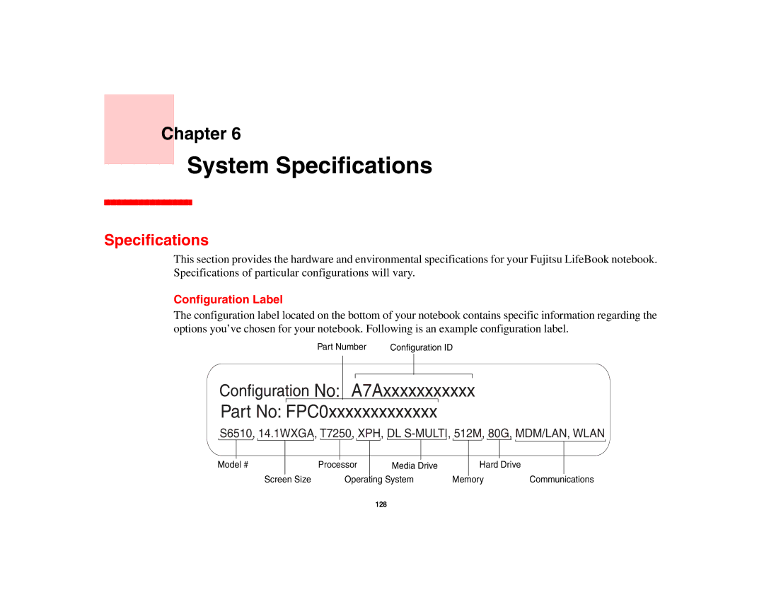 Fujitsu S6510 manual Specifications, Configuration Label 