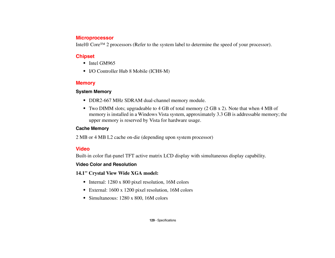 Fujitsu S6510 manual Microprocessor, Chipset, Memory, Video 