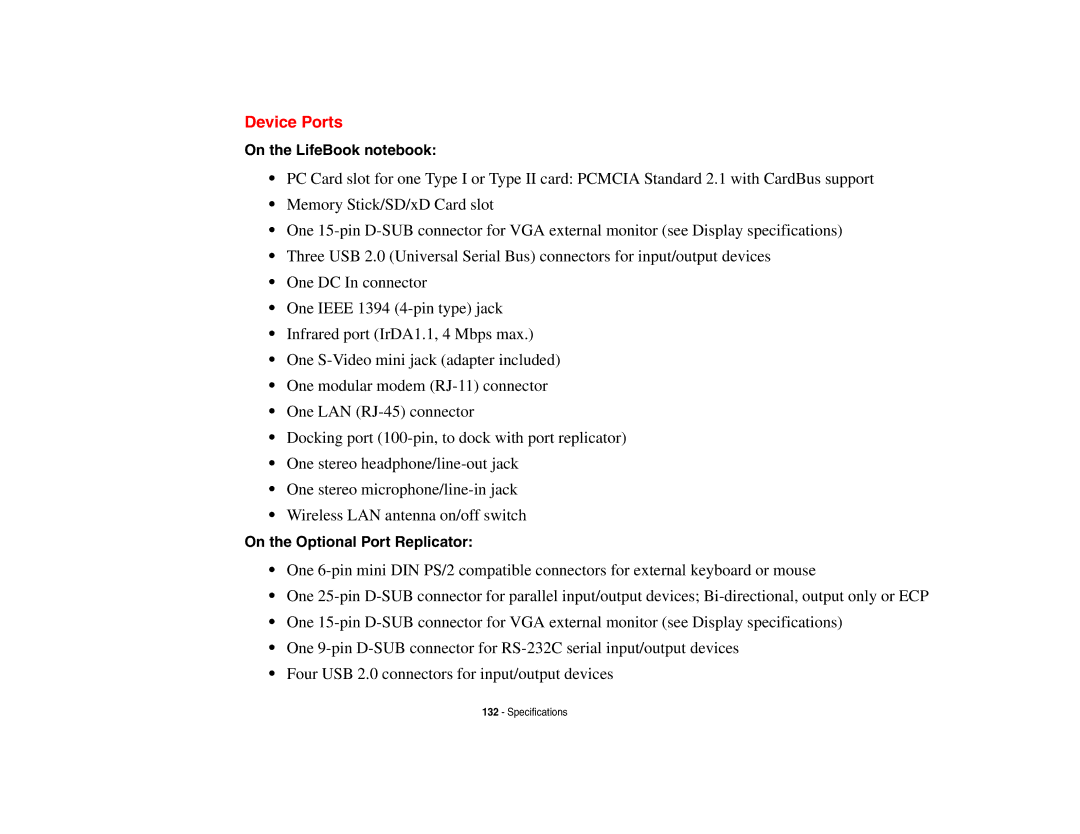 Fujitsu S6510 manual Device Ports, On the LifeBook notebook, On the Optional Port Replicator 