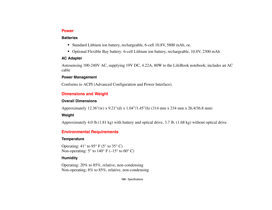 Fujitsu S6510 manual Power, Dimensions and Weight, Environmental Requirements 