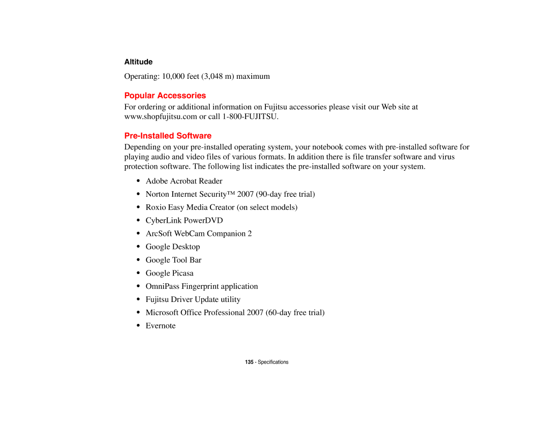 Fujitsu S6510 manual Popular Accessories Pre-Installed Software, Altitude 