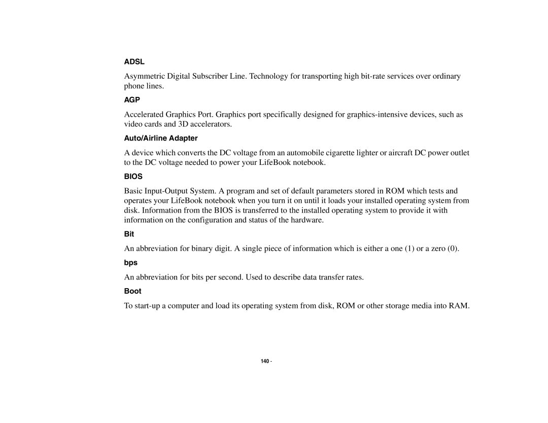 Fujitsu S6510 manual Auto/Airline Adapter, Bit, Bps, Boot 